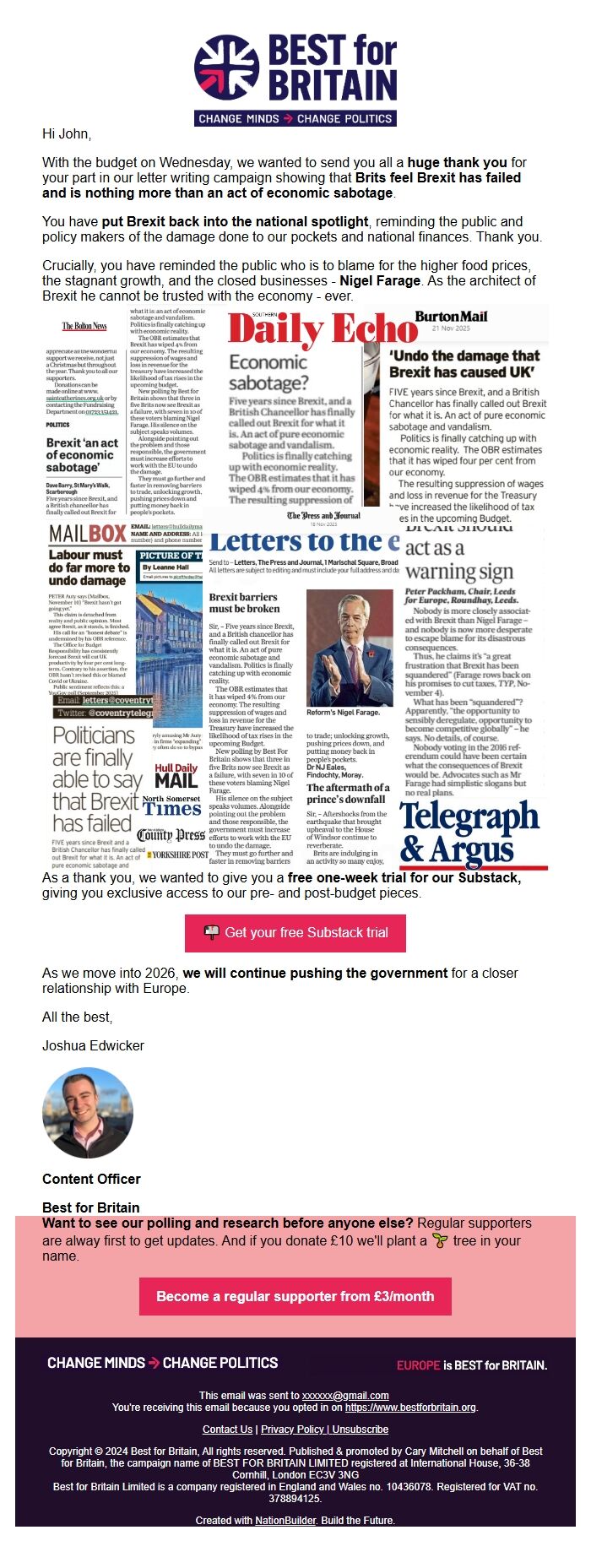 Screenshot of the email generated on import