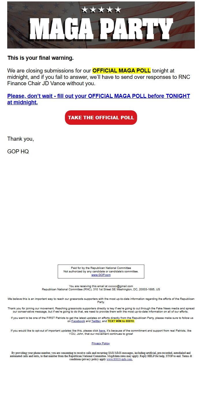 Screenshot of the email generated on import