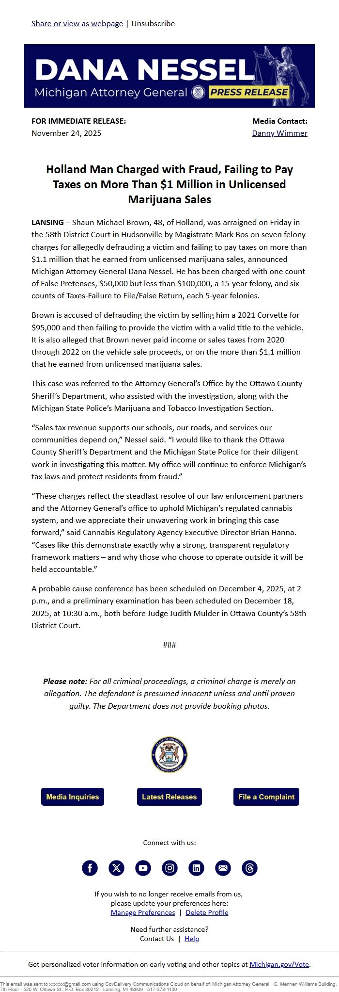 Screenshot of the email generated on import