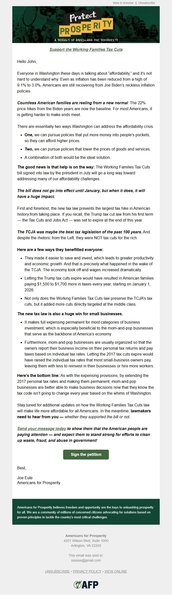 Screenshot of the email generated on import