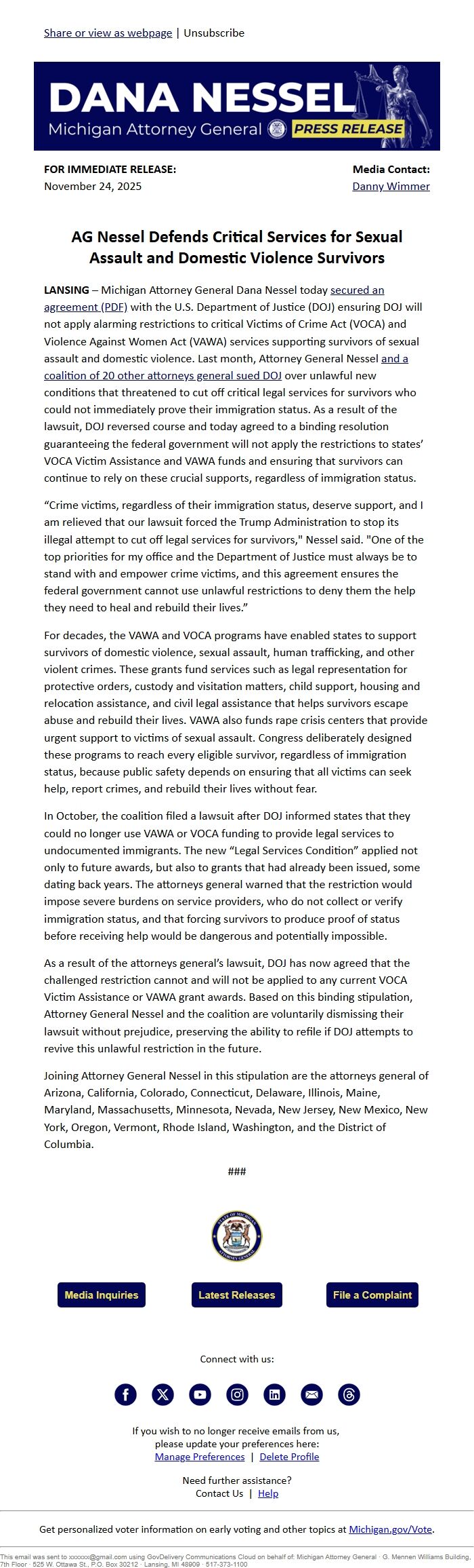 Screenshot of the email generated on import