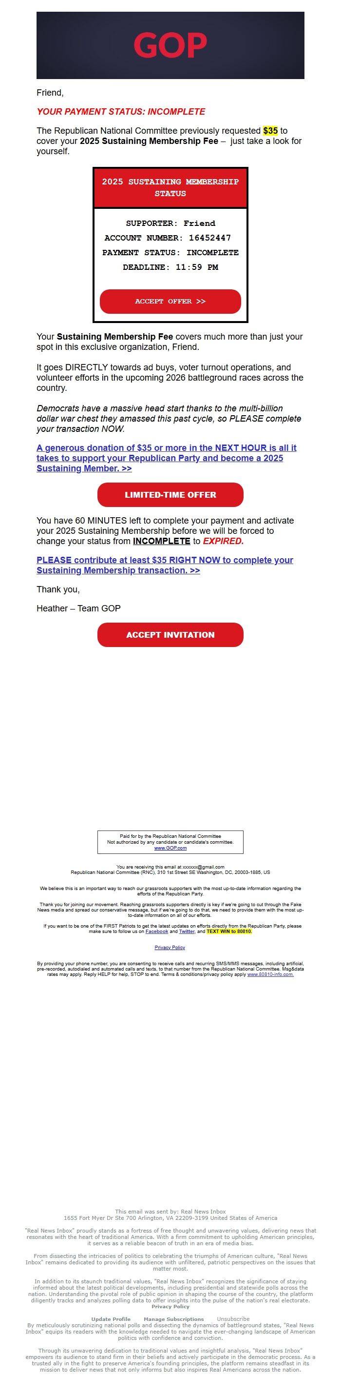 Screenshot of the email generated on import