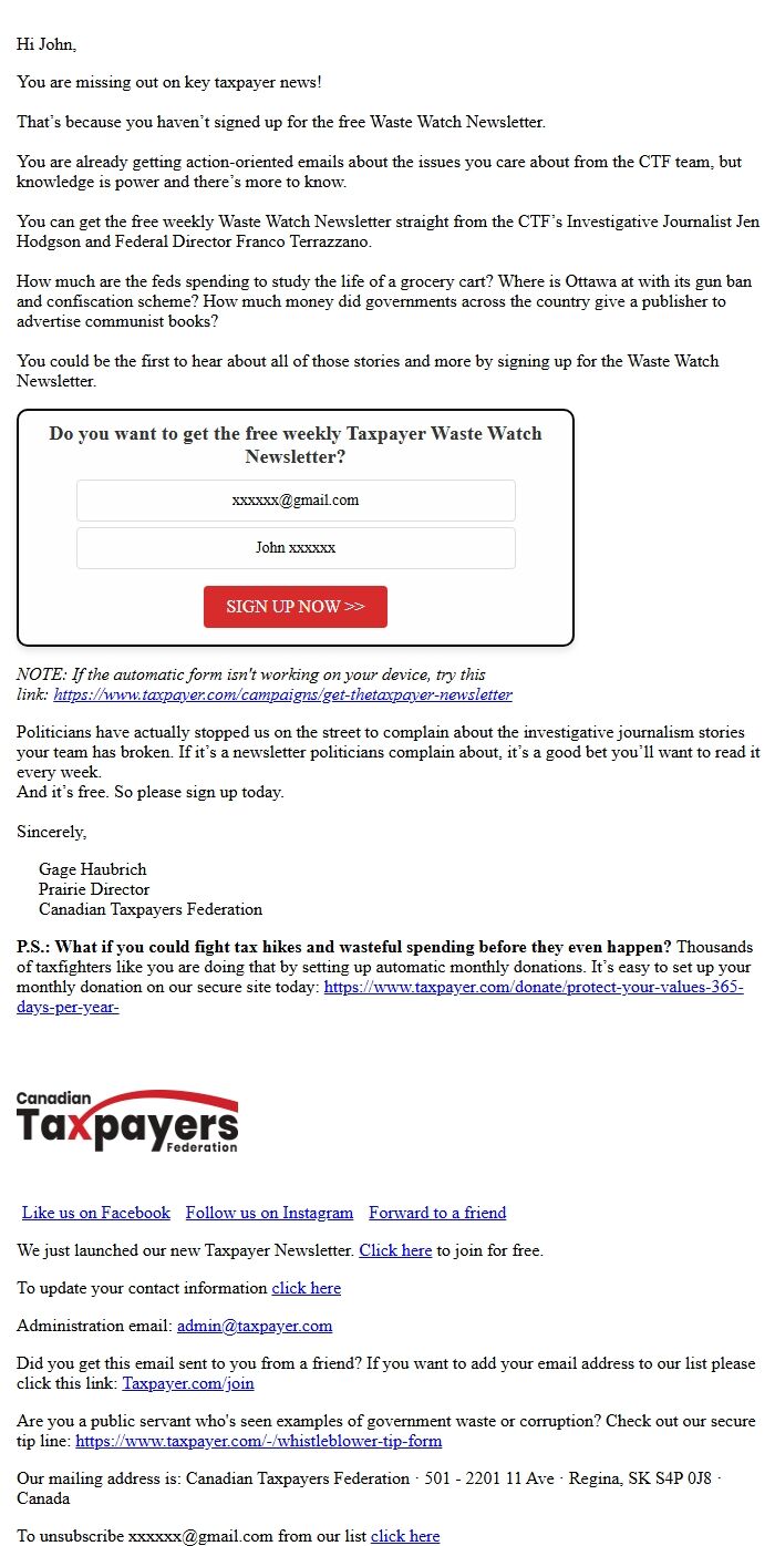 Screenshot of the email generated on import