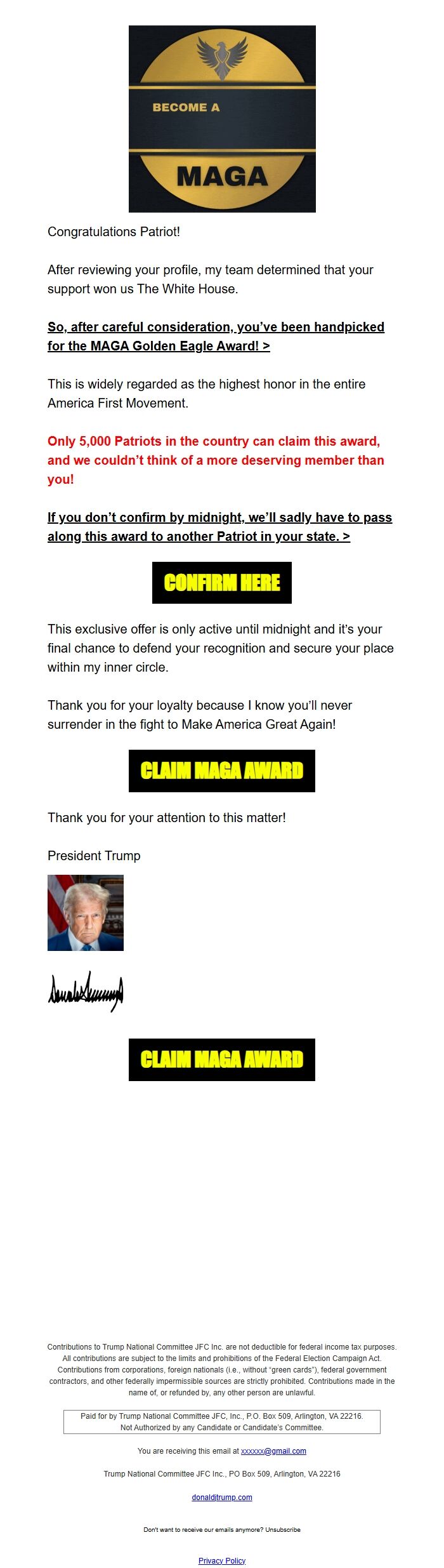 Screenshot of the email generated on import