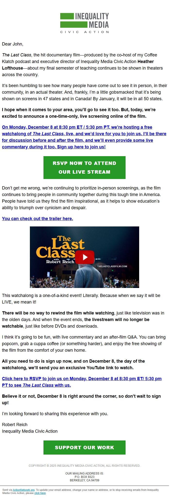 Screenshot of the email generated on import