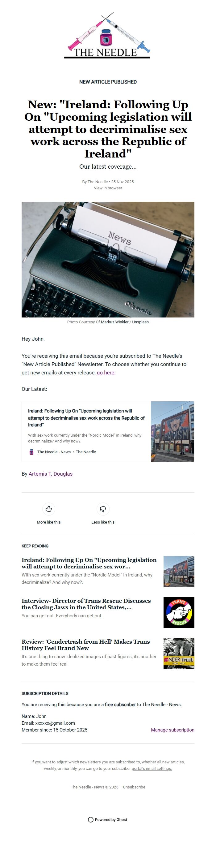 Screenshot of the email generated on import