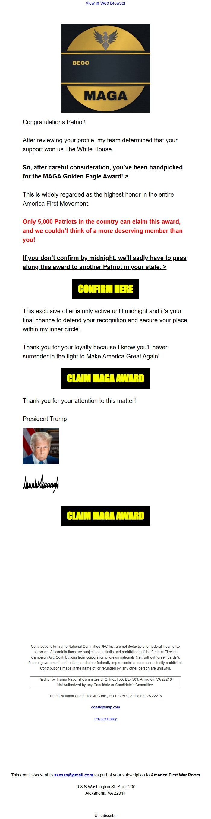 Screenshot of the email generated on import