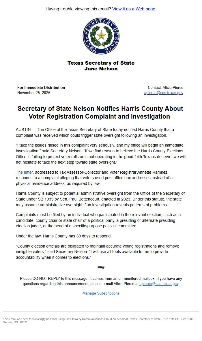 Screenshot of the email generated on import