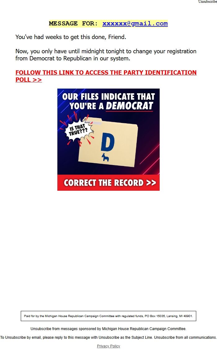 Screenshot of the email generated on import