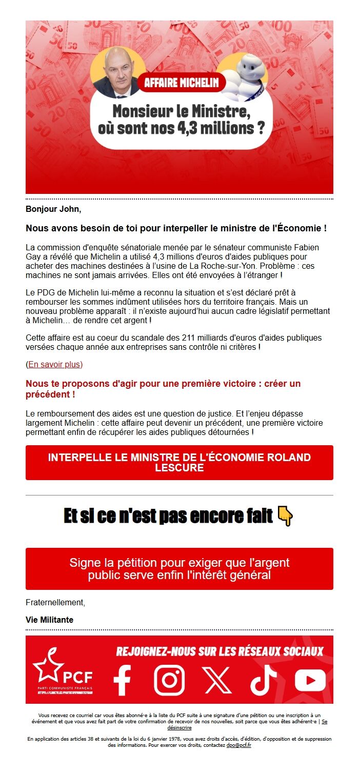 Screenshot of the email generated on import