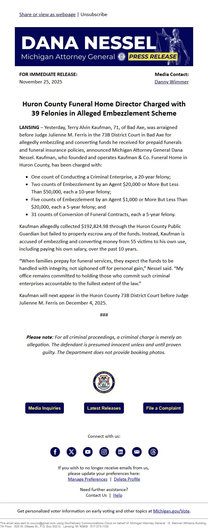 Screenshot of the email generated on import