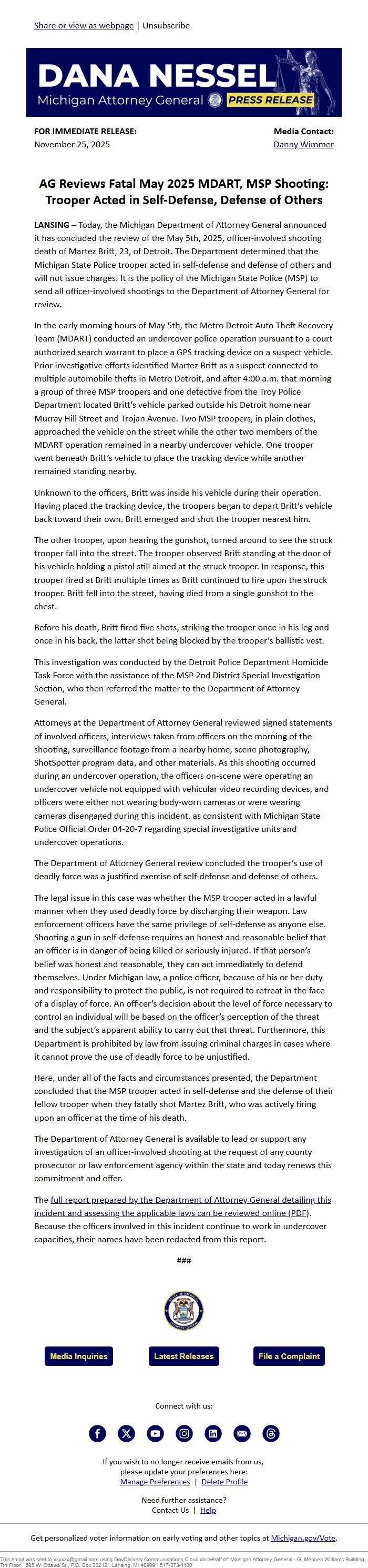 Screenshot of the email generated on import