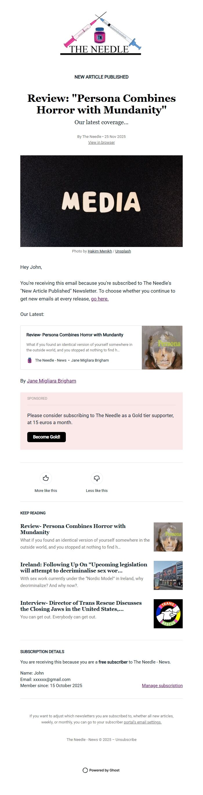 Screenshot of the email generated on import