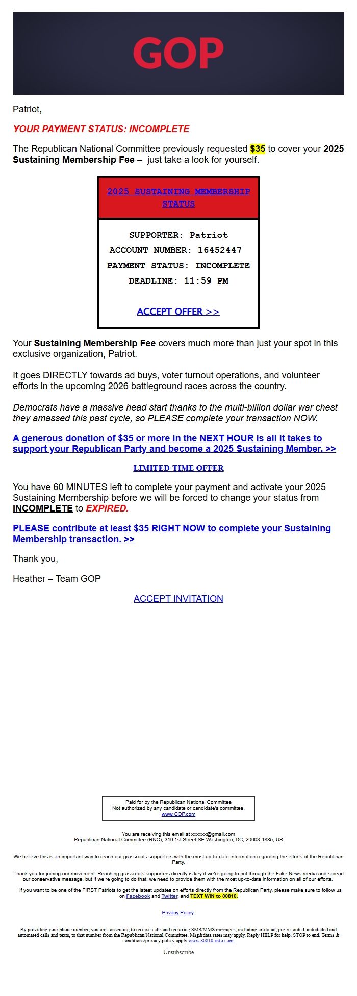 Screenshot of the email generated on import