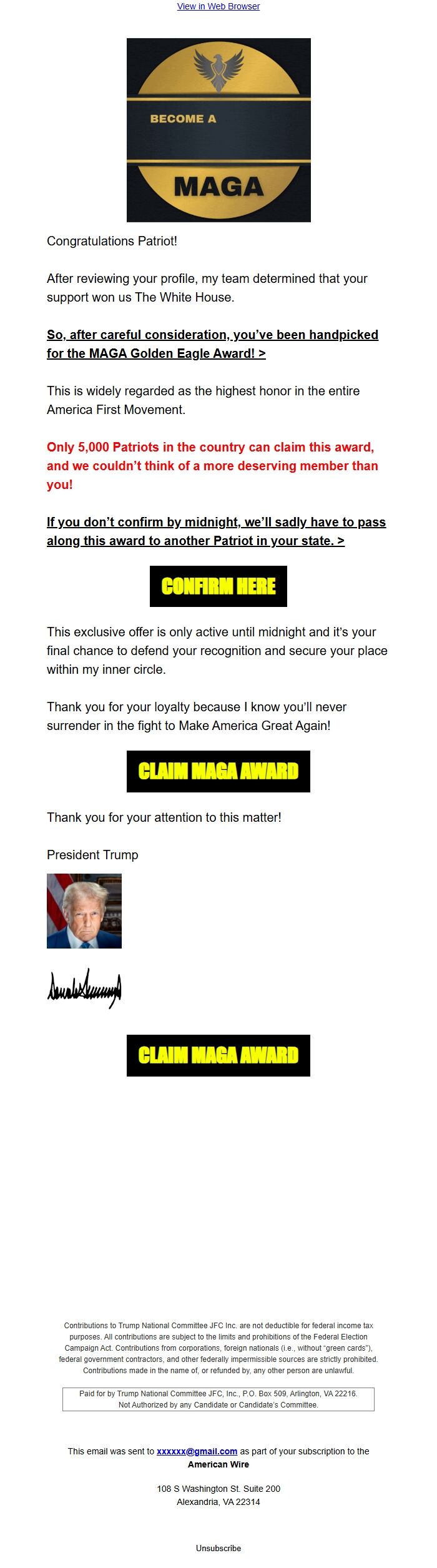 Screenshot of the email generated on import