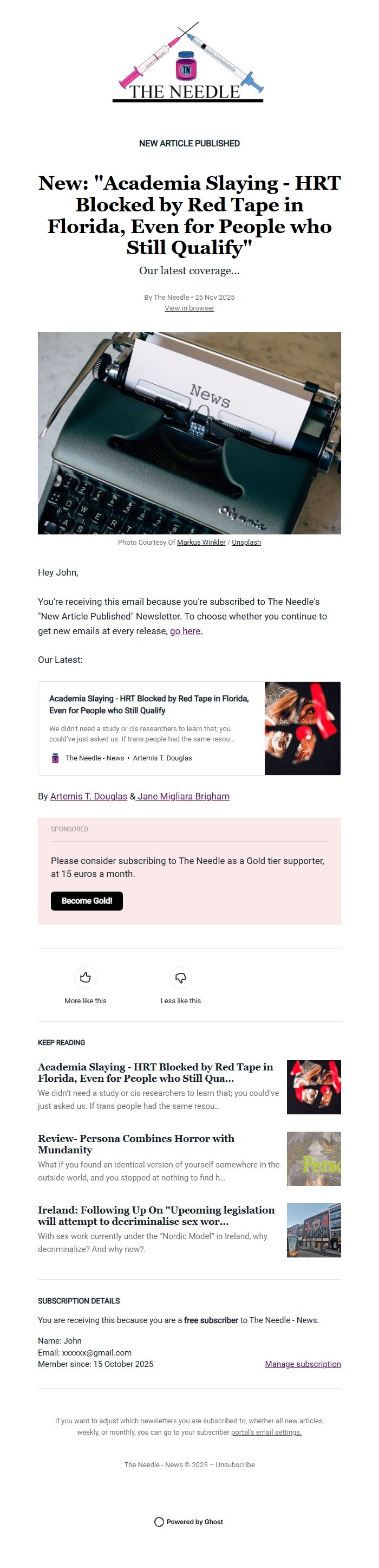 Screenshot of the email generated on import