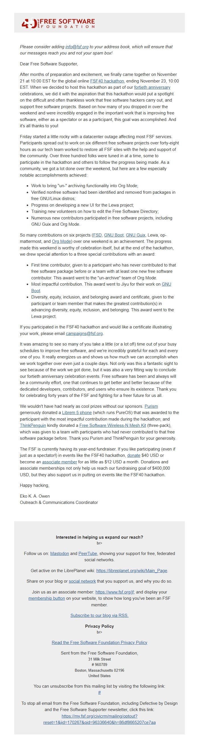 Screenshot of the email generated on import