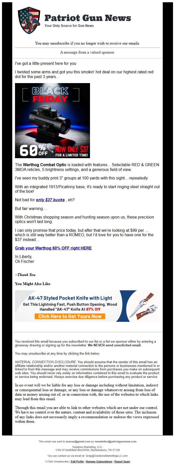 Screenshot of the email generated on import