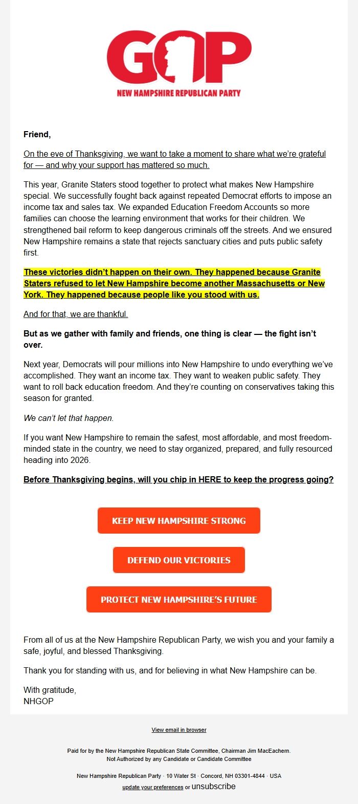 Screenshot of the email generated on import