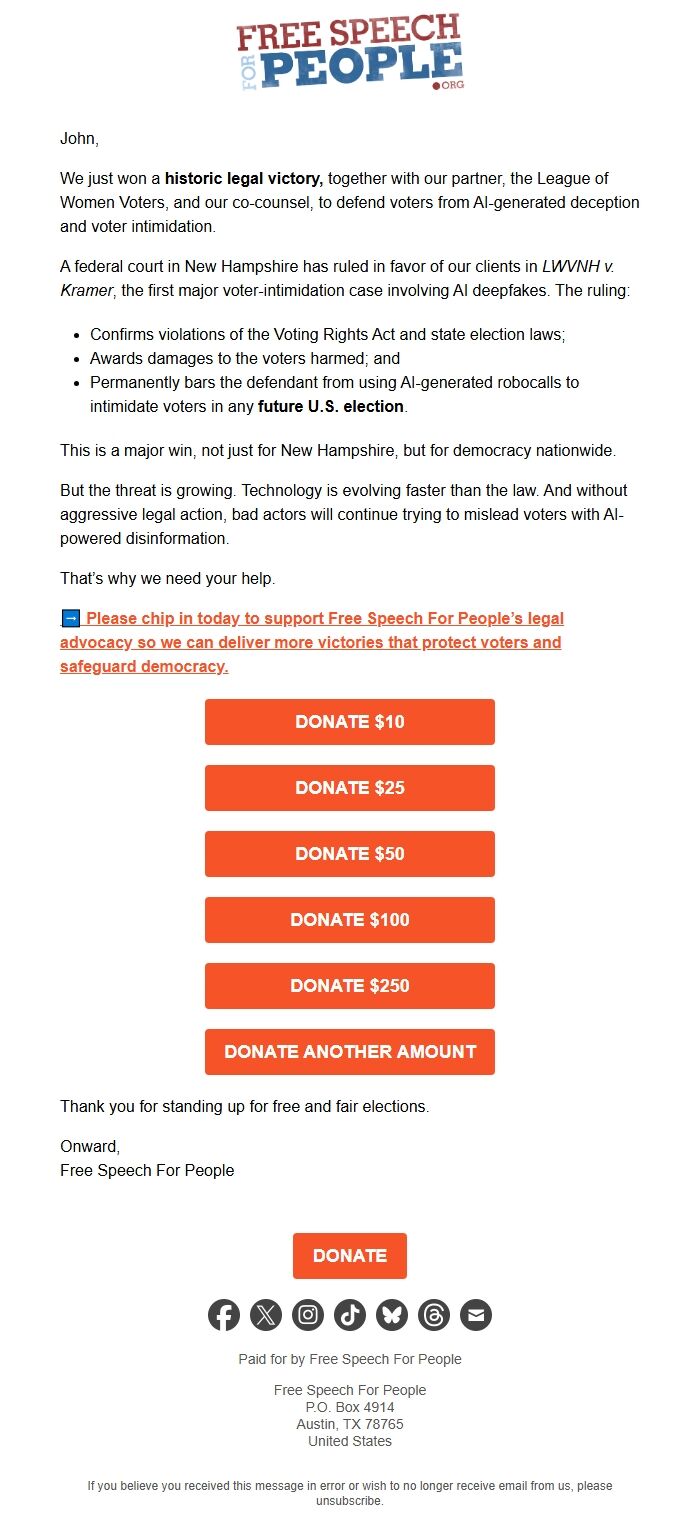 Screenshot of the email generated on import