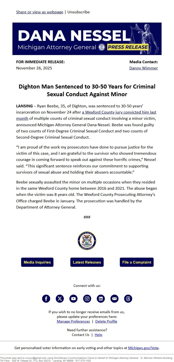 Screenshot of the email generated on import