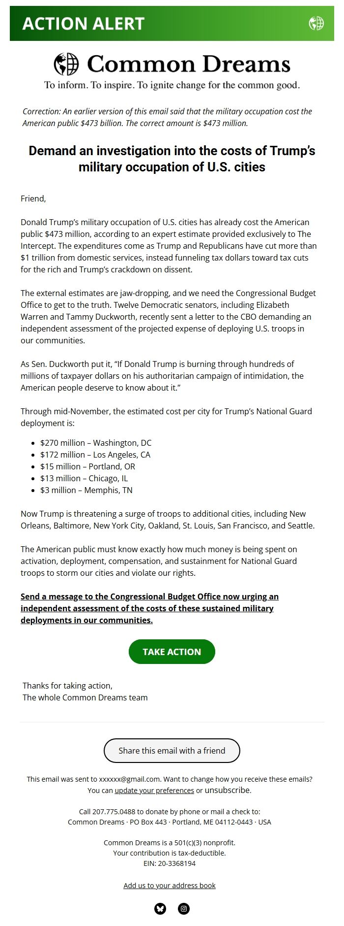 Screenshot of the email generated on import