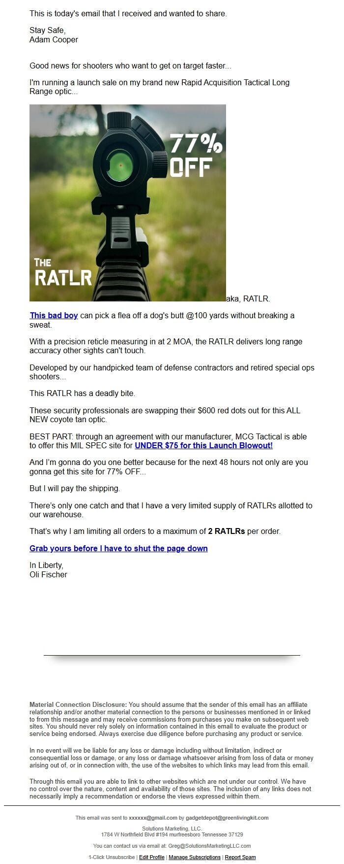 Screenshot of the email generated on import