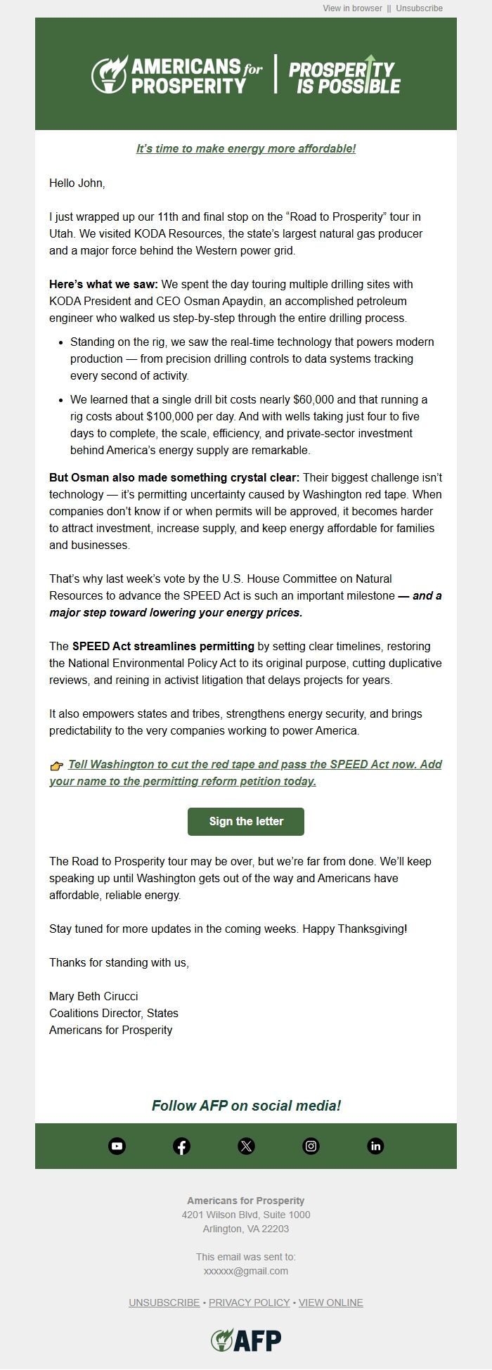 Screenshot of the email generated on import