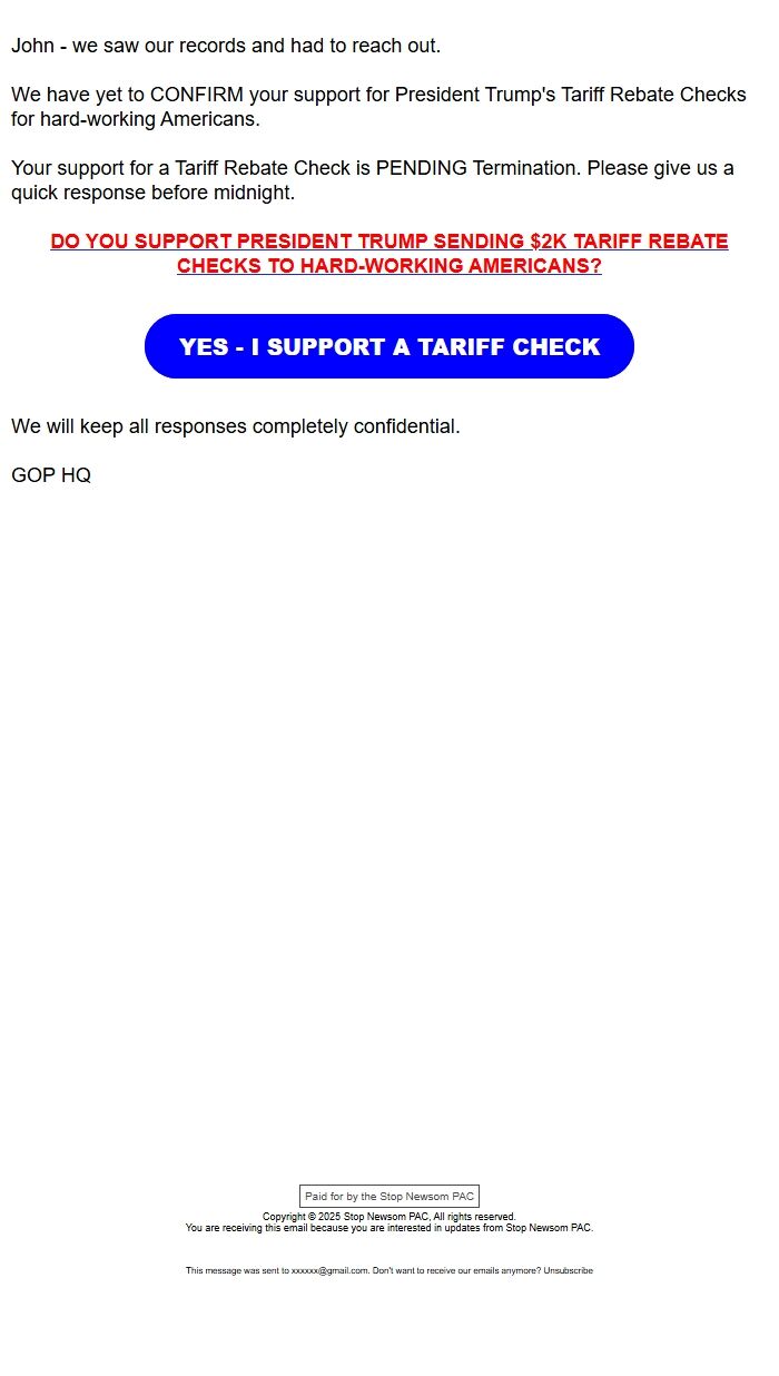 Screenshot of the email generated on import