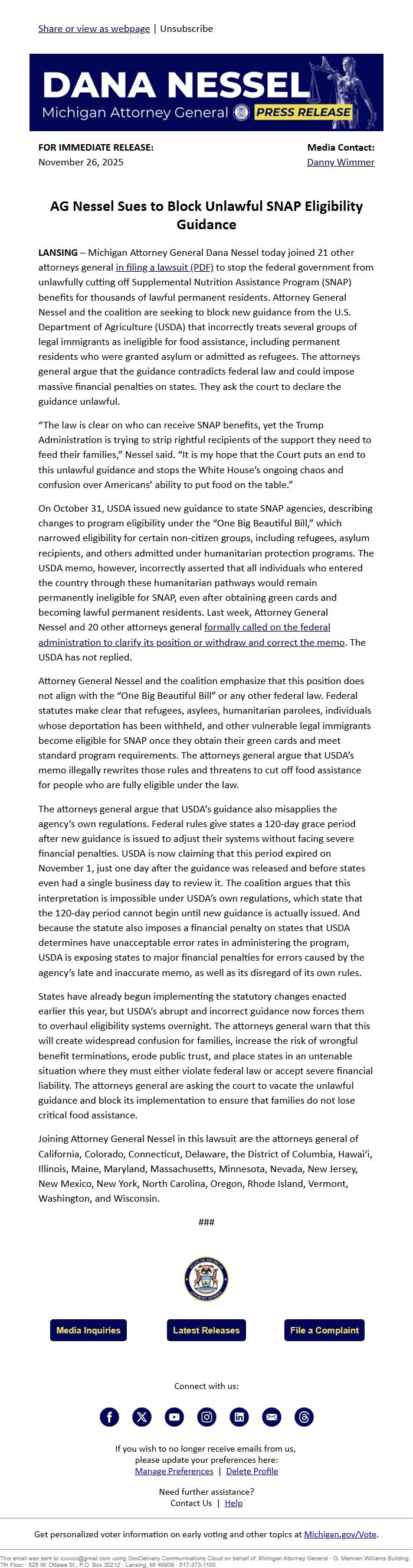 Screenshot of the email generated on import