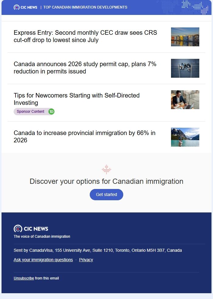 Screenshot of the email generated on import