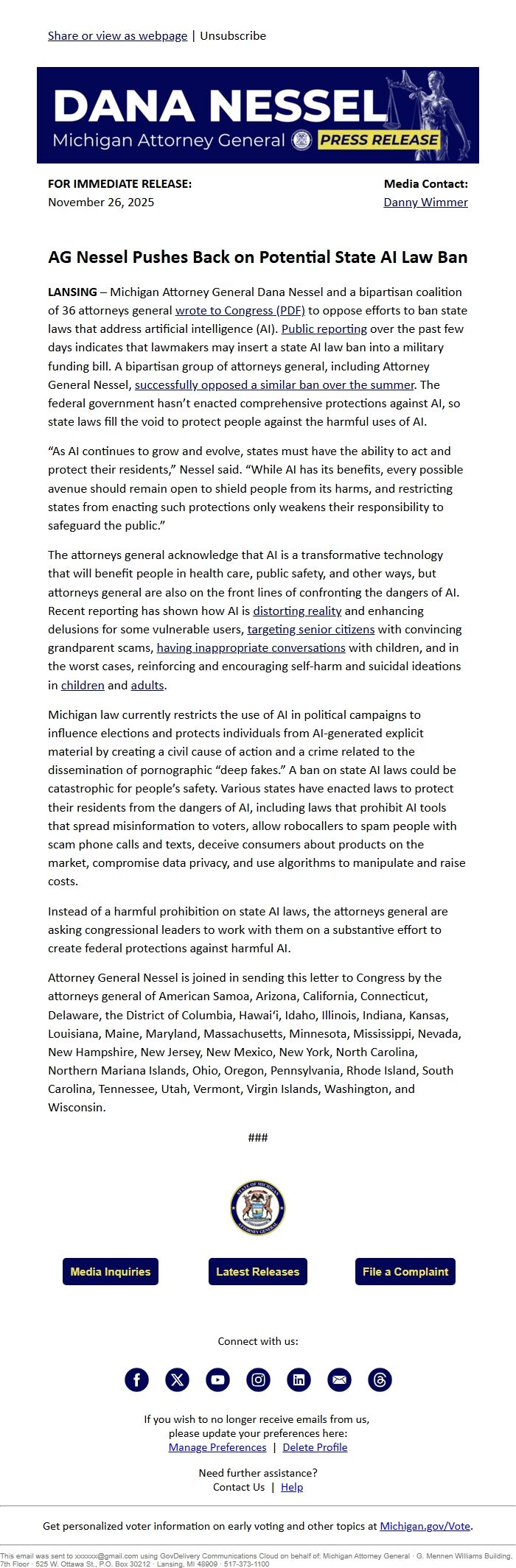 Screenshot of the email generated on import