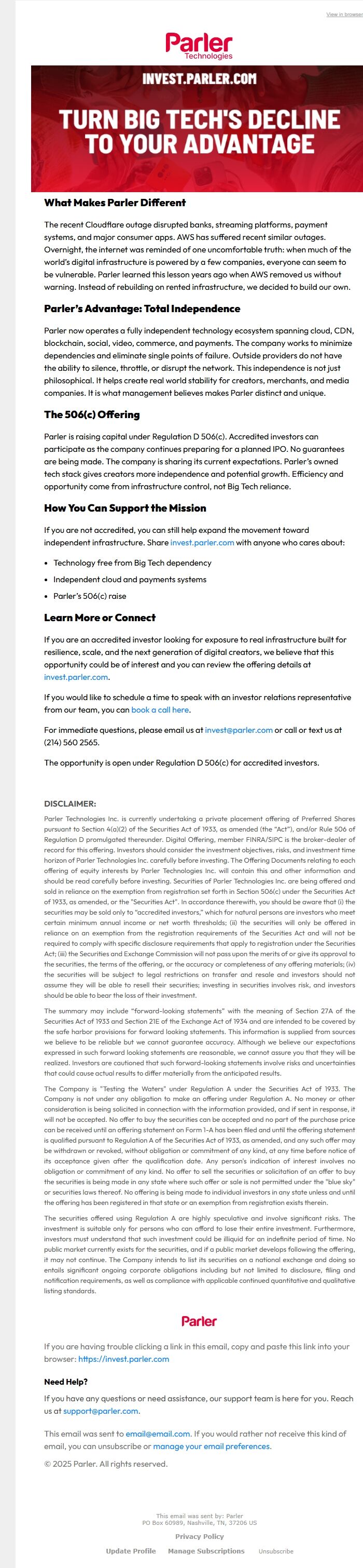 Screenshot of the email generated on import