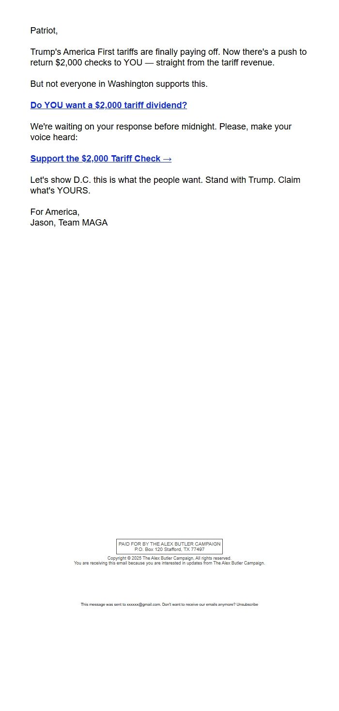 Screenshot of the email generated on import