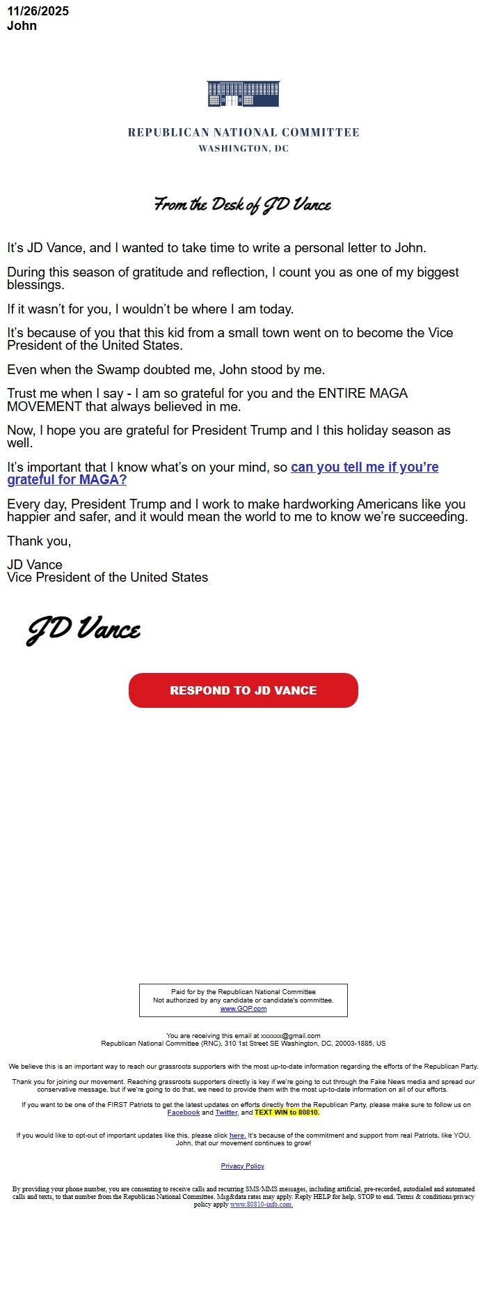 Screenshot of the email generated on import