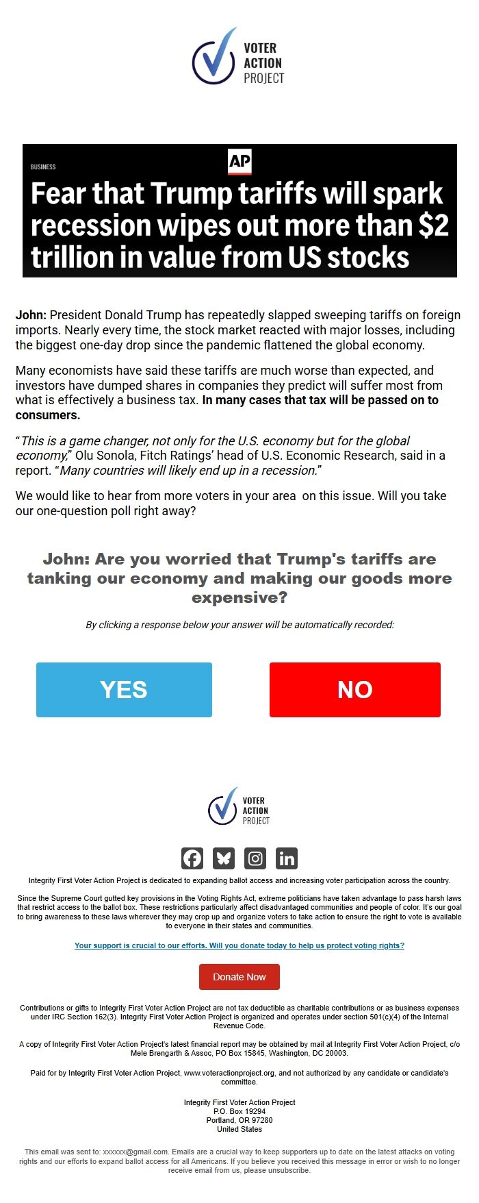 Screenshot of the email generated on import