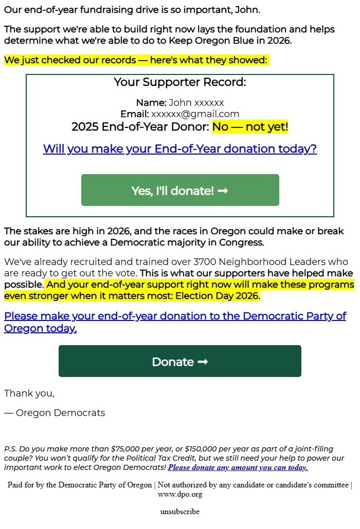 Screenshot of the email generated on import