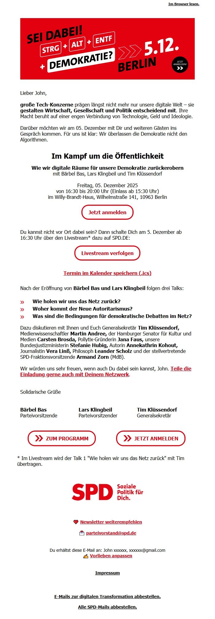 Screenshot of the email generated on import