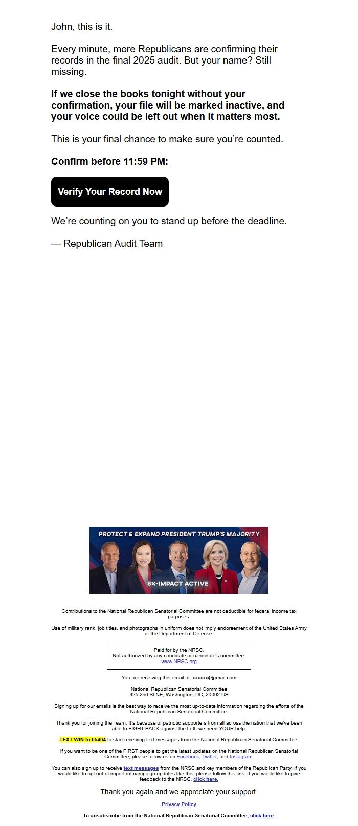 Screenshot of the email generated on import