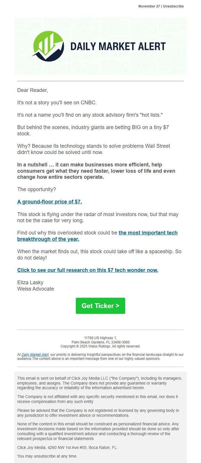 Screenshot of the email generated on import