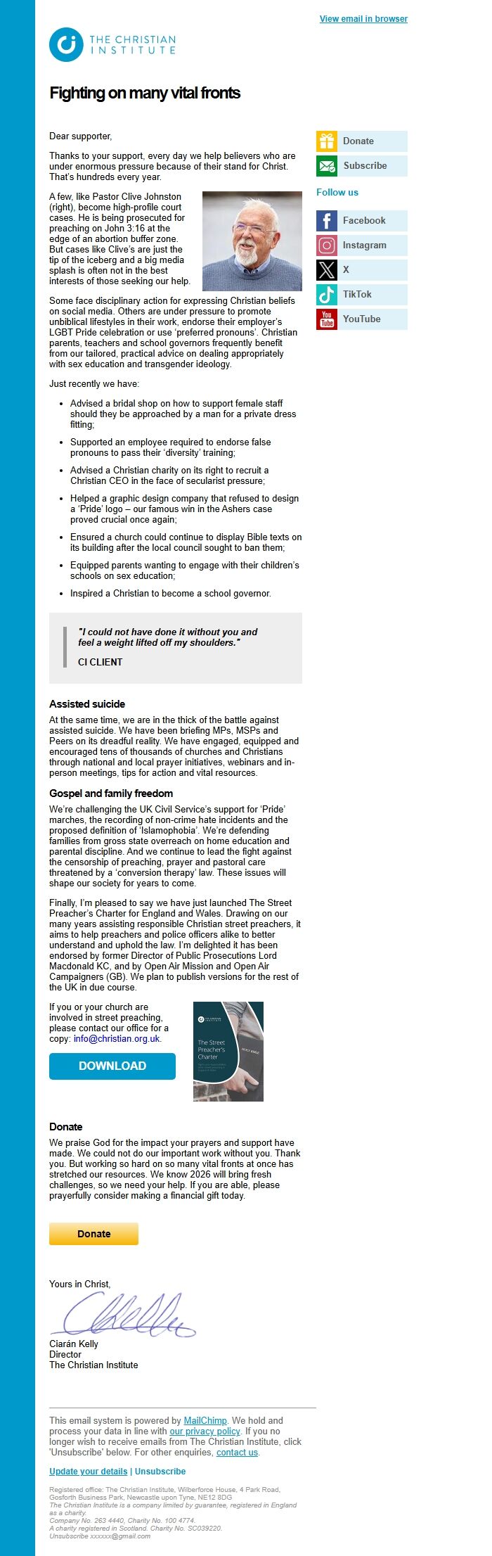 Screenshot of the email generated on import