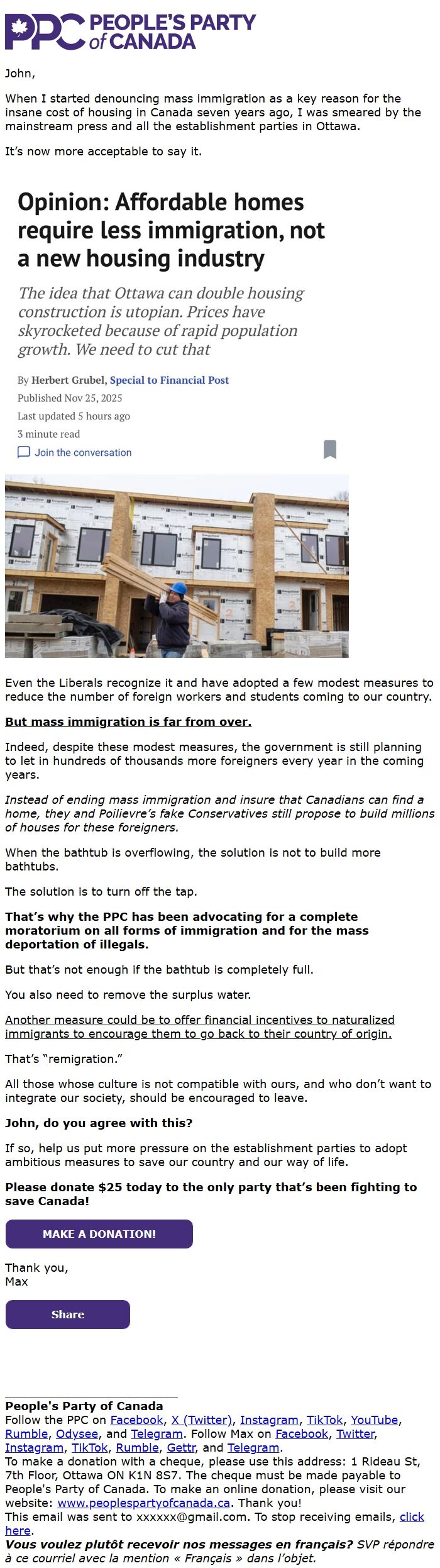 Screenshot of the email generated on import