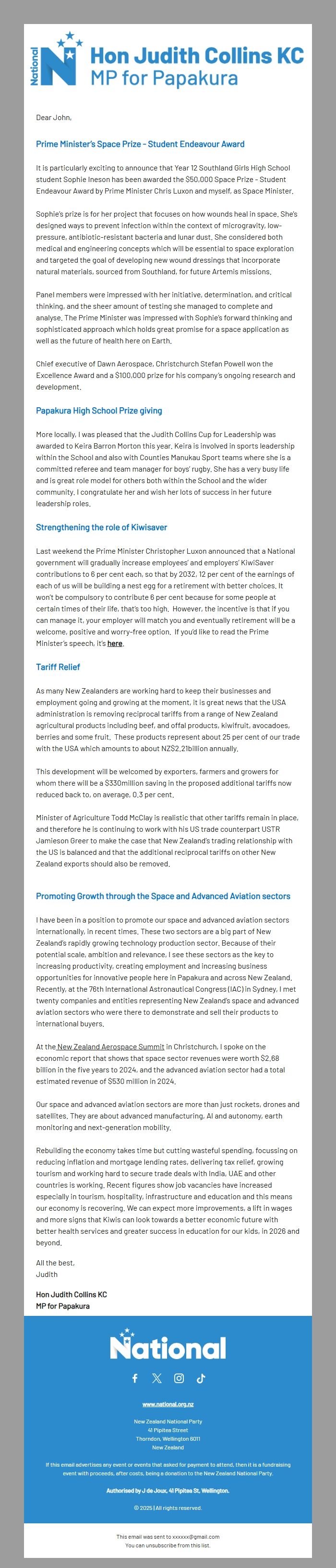 Screenshot of the email generated on import