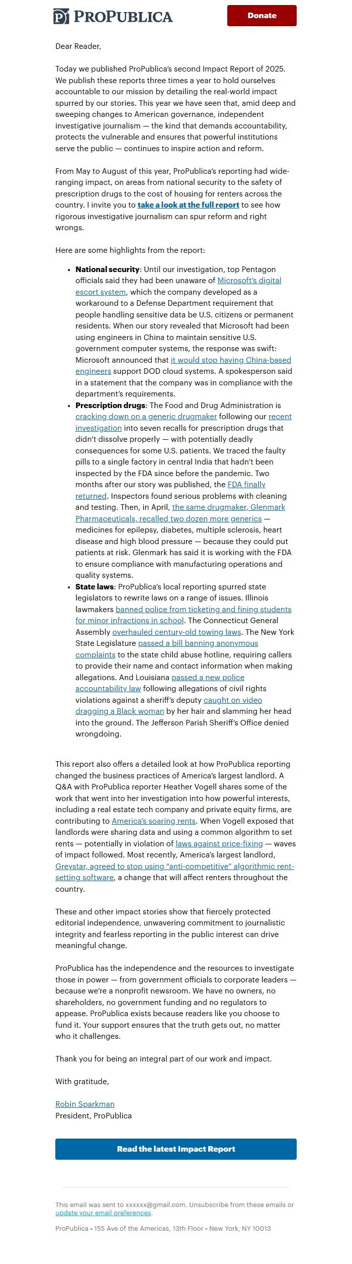 Screenshot of the email generated on import