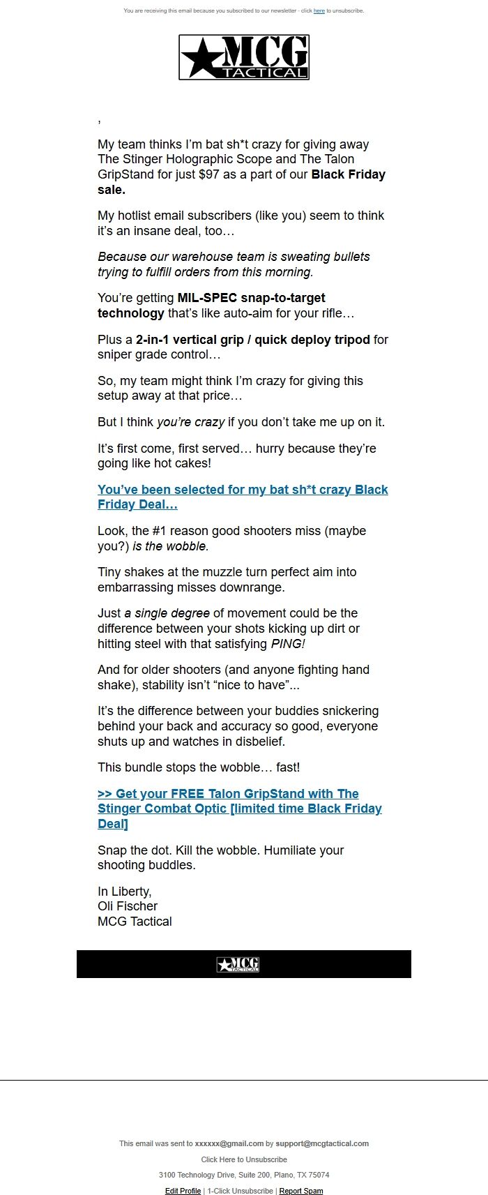 Screenshot of the email generated on import