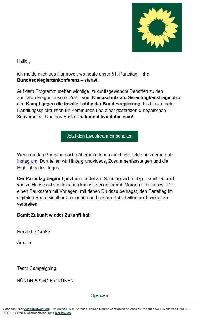 Screenshot of the email generated on import