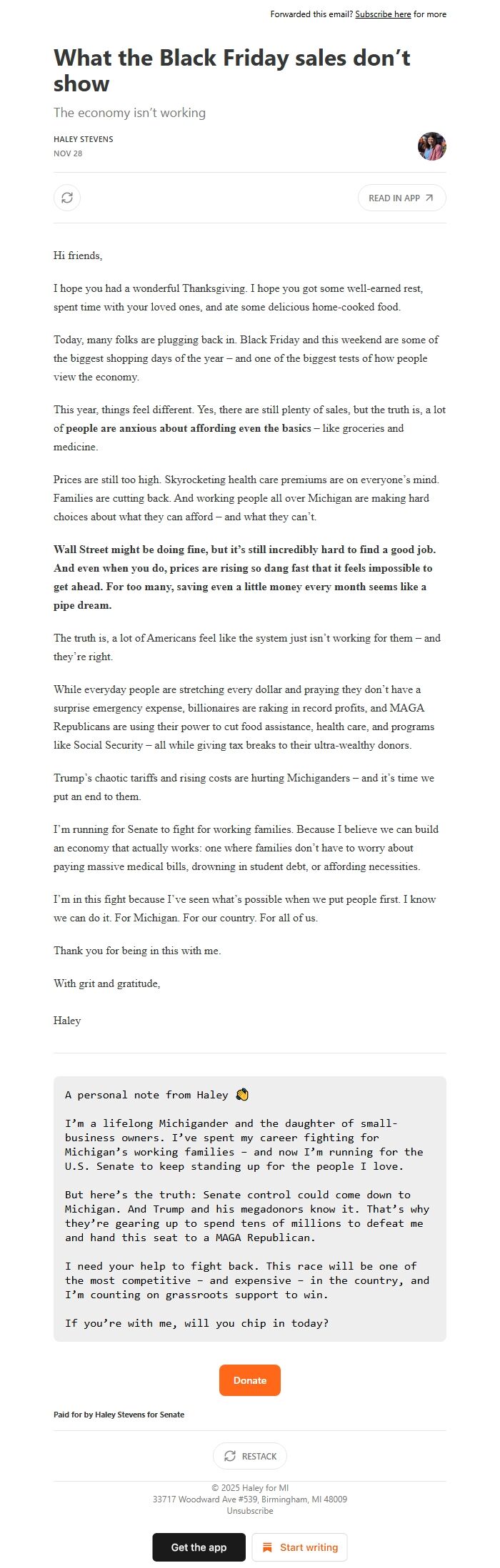 Screenshot of the email generated on import