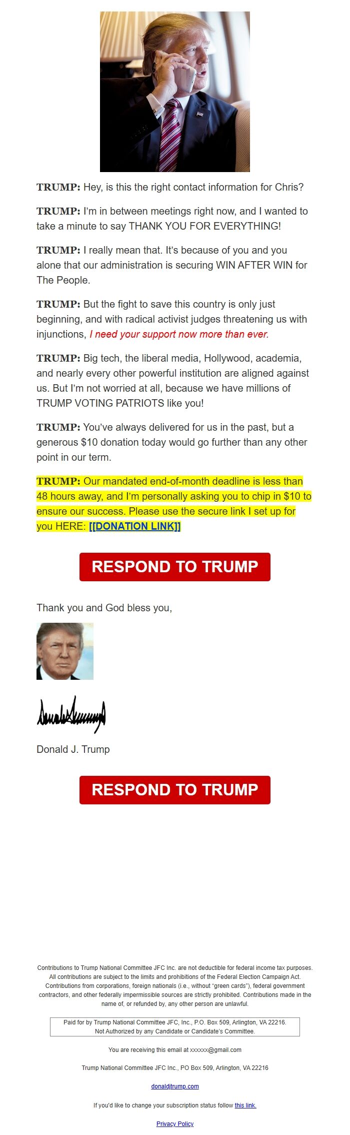 Screenshot of the email generated on import