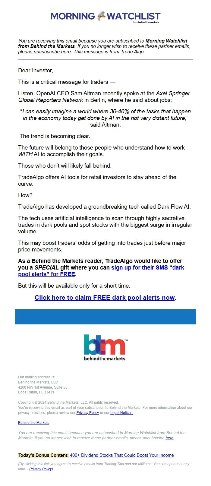 Screenshot of the email generated on import