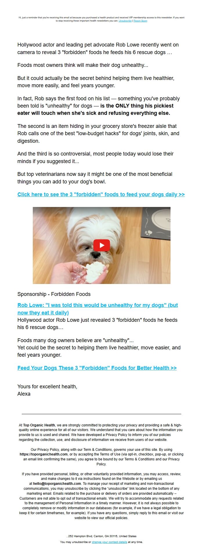 Screenshot of the email generated on import